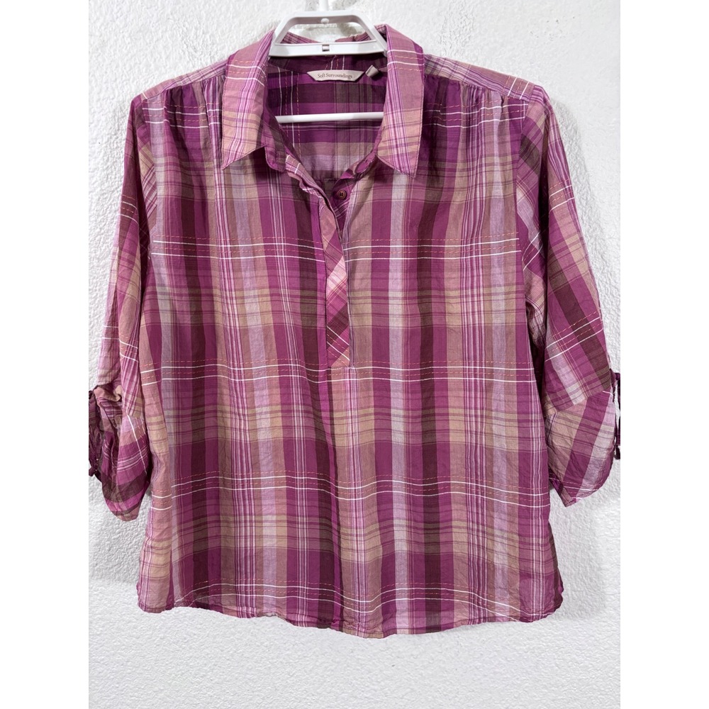 Soft Surroundings Tunic Women XL Purple Plaid Metallic 3/4 Sleeve